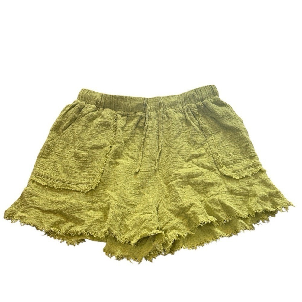 GIGIO Summer Short Raw Hem Drawstring Elastic Waist Green Pockets Gauze L NWT